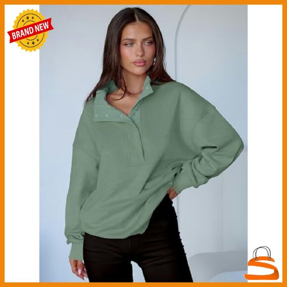 Oversized Henley Pullover Sweatshirt Loose Fit Button Collar Long Sleeve - Picture 5 of 8